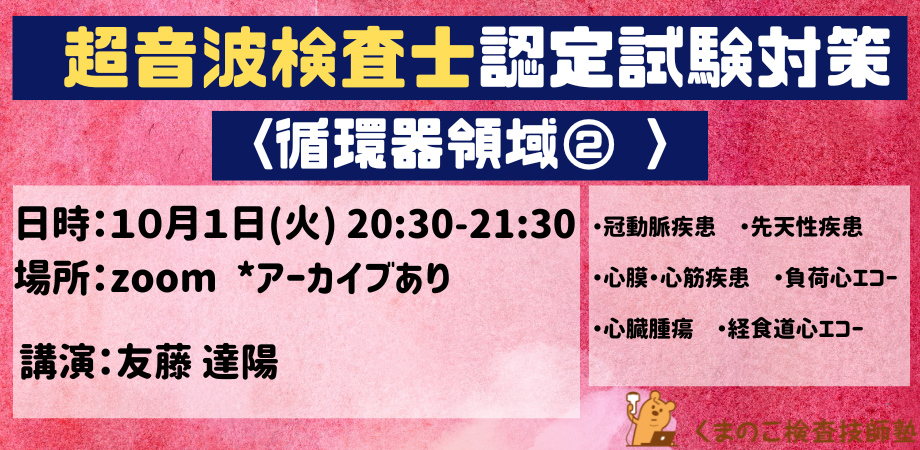 くまのこ検査技師塾 超音波検査士試験対策 循環器領域オンラインセミナーです。