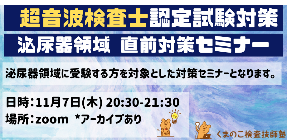 くまのこ検査技師塾 超音波検査士試験対策セミナー 泌尿器領域です。